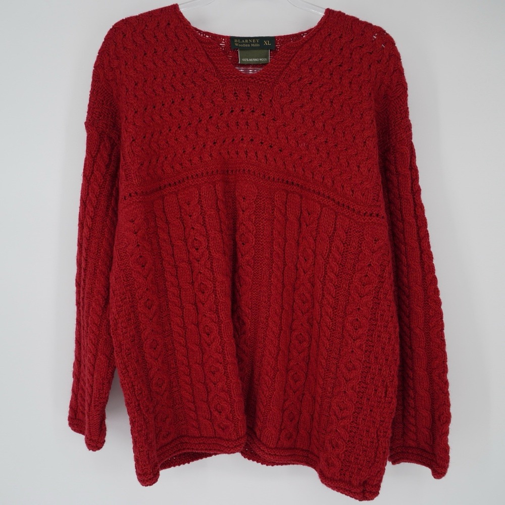 Blarney Woolen Mills 100% Merino Wool Red Cable Knit Sweater Womens XL